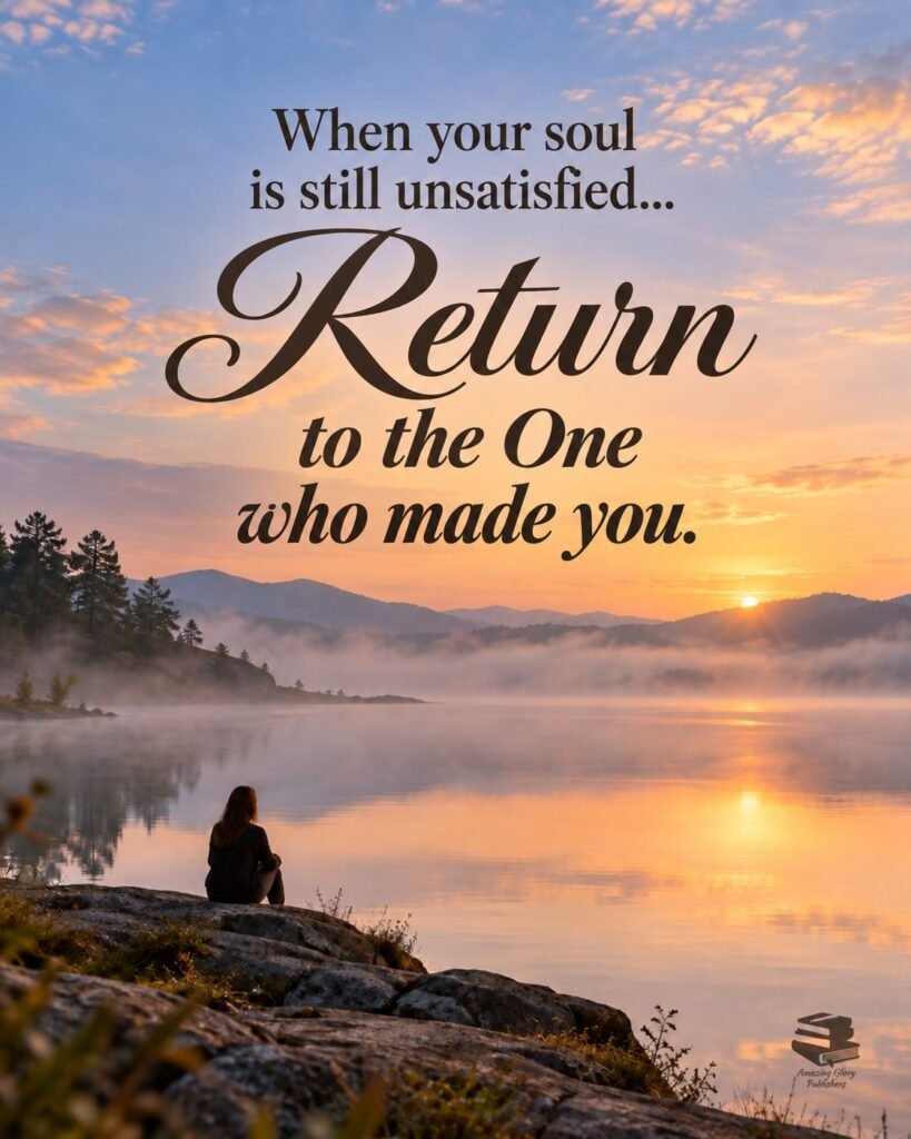 Woman sitting on a rocky shore watching a misty lake at sunrise, with the words: When your soul is still unsatisfied… Return to the One who made you.
