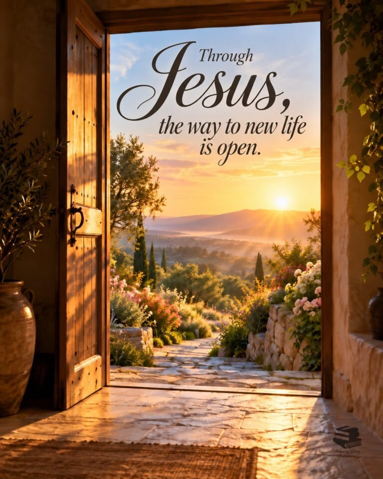 Open wooden door looking out on a sunlit garden path and hills at sunrise, with the words: Through Jesus, the way to new life is open.