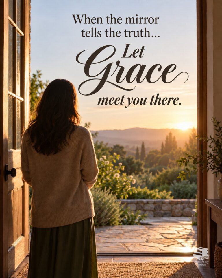 Woman standing in an open doorway looking out at a garden and hills at sunset, with the words: When the mirror tells the truth… Let grace meet you there.